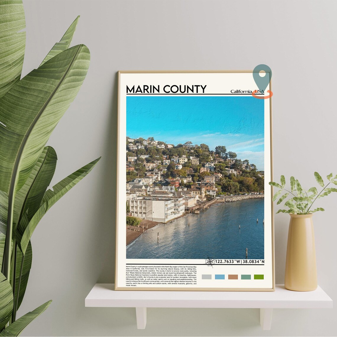 Marin County California Bay Hillside Town Waterfront View Poster - Image 3