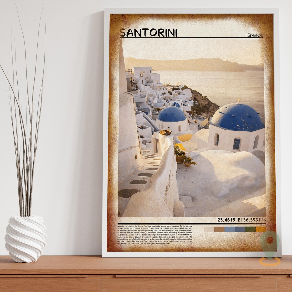 Santorini Greece Blue Dome Churches Caldera Golden Light Poster - Image 3