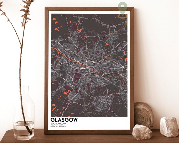 Glasgow Scotland UK Dark City Map With Orange Accents Poster