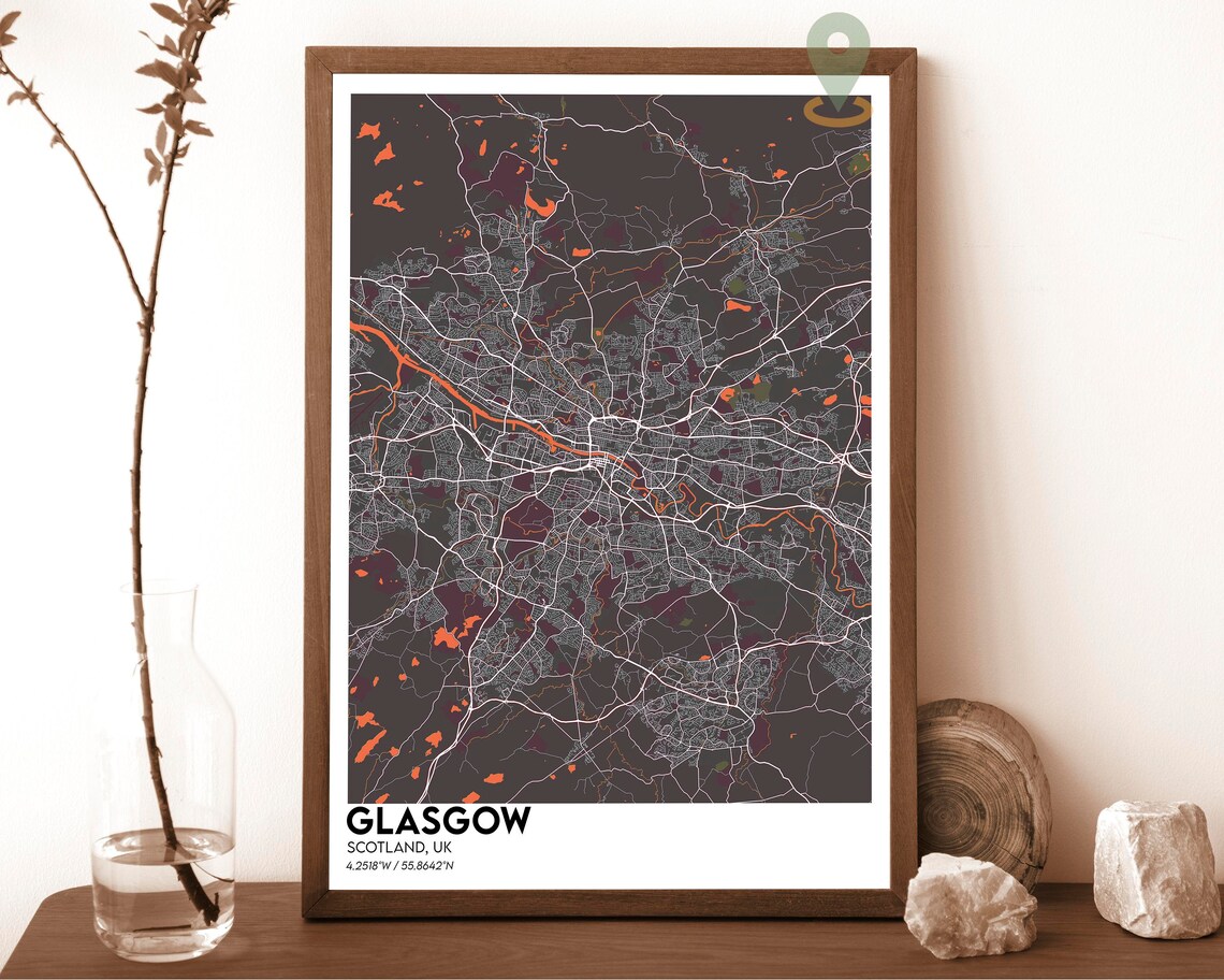 Glasgow Scotland UK Dark City Map With Orange Accents Poster