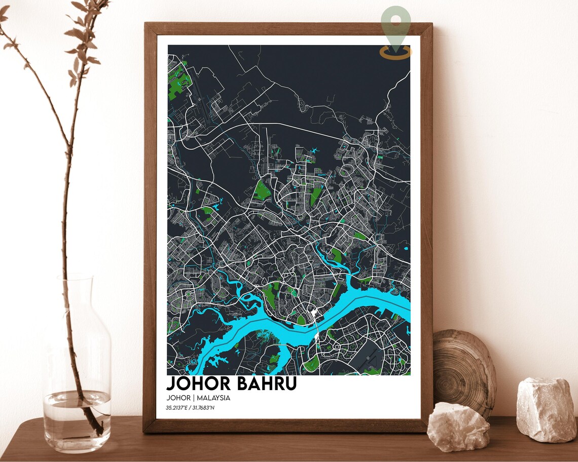Johor Bahru Malaysia Cream Teal Minimalist City Map Wall Art - Image 5