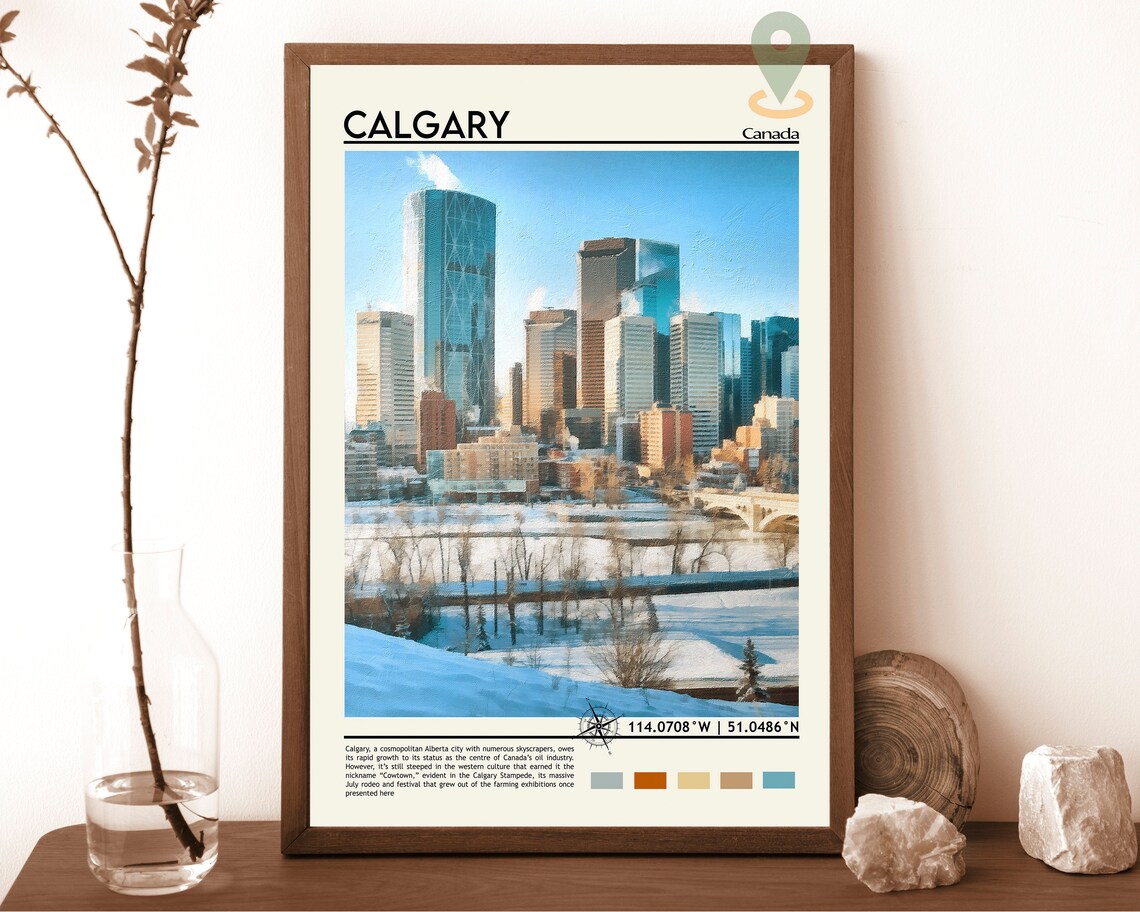 Calgary Canada Winter Downtown Skyline by the River Vintage Poster