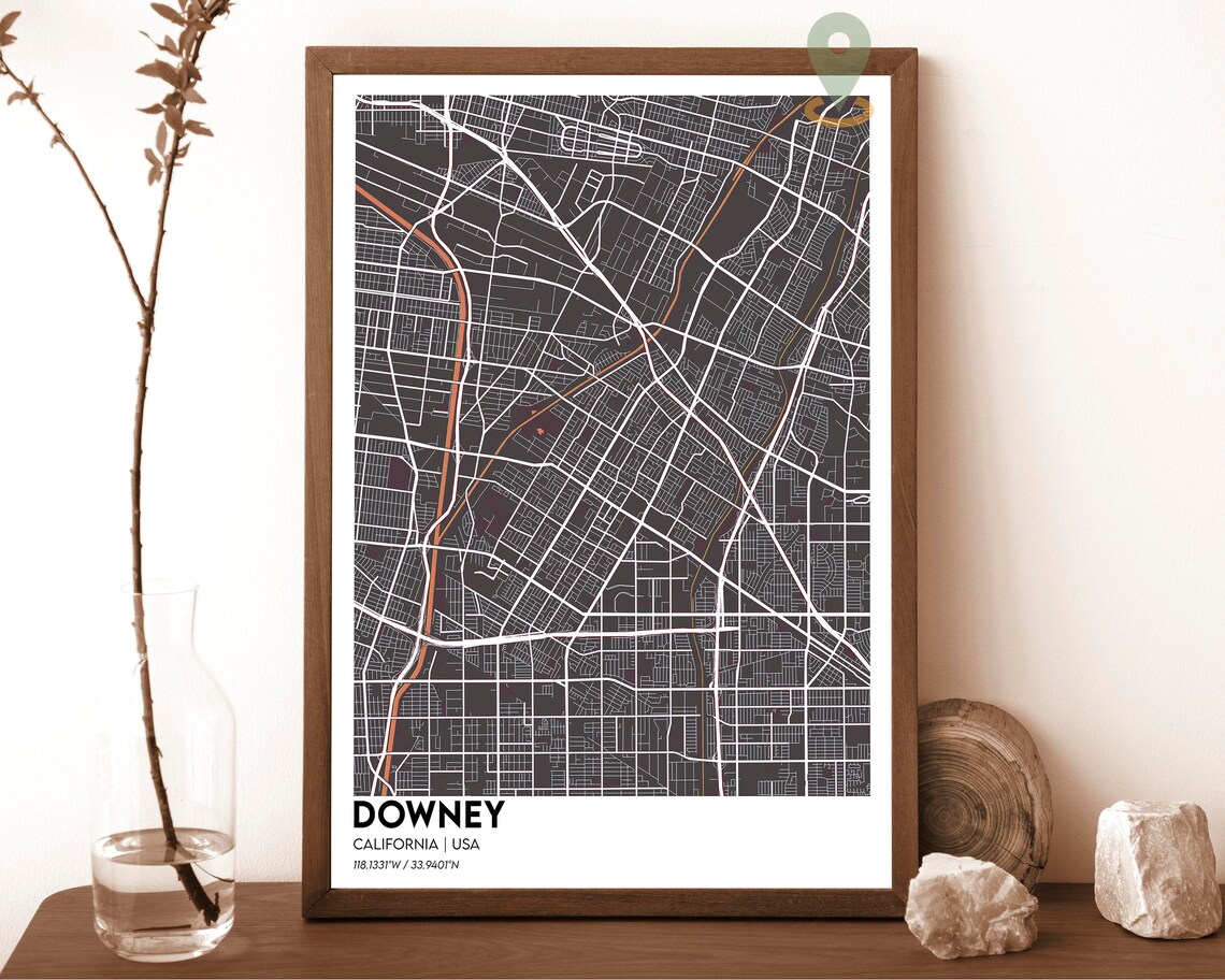 Downey California USA Night Teal Neon City Map Street Grid Poster - Image 4