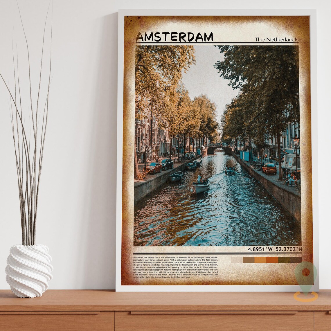 Amsterdam Netherlands Golden Canal Boats Cityscape Travel Poster - Image 3