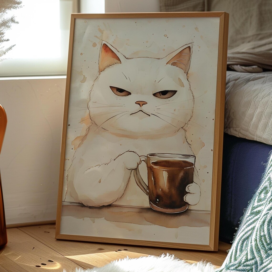 Grumpy White Cat Holding Coffee Cup Watercolor Funny Pet Art Poster - Image 5
