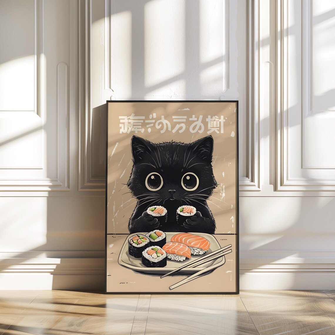 Black Kitten Eating Sushi Cute Kawaii Japanese Food Art Poster
