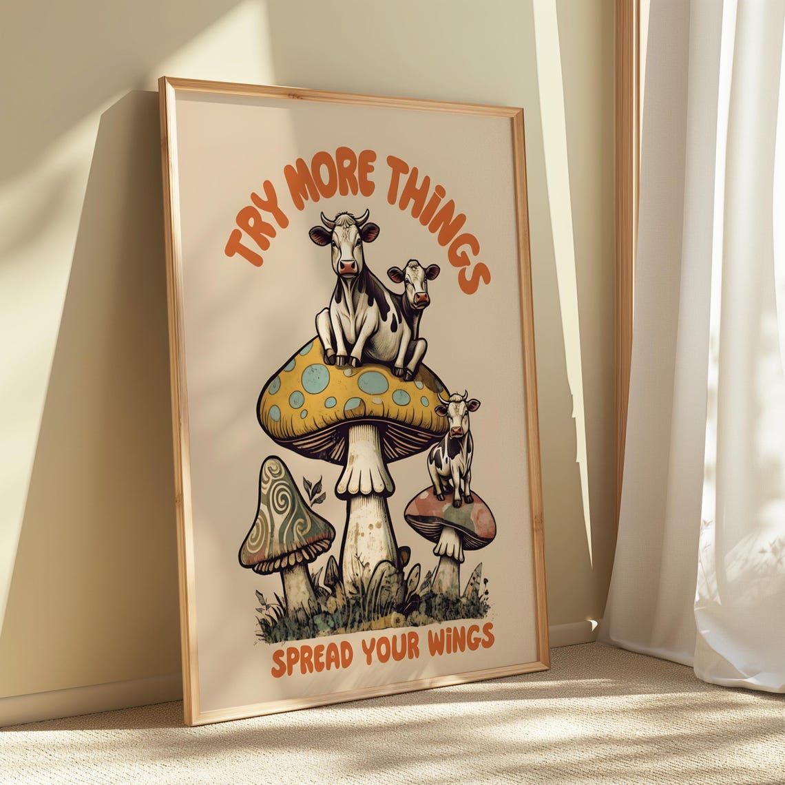 Highland Cows On Mushrooms Try More Things Inspirational Art Poster - Image 3