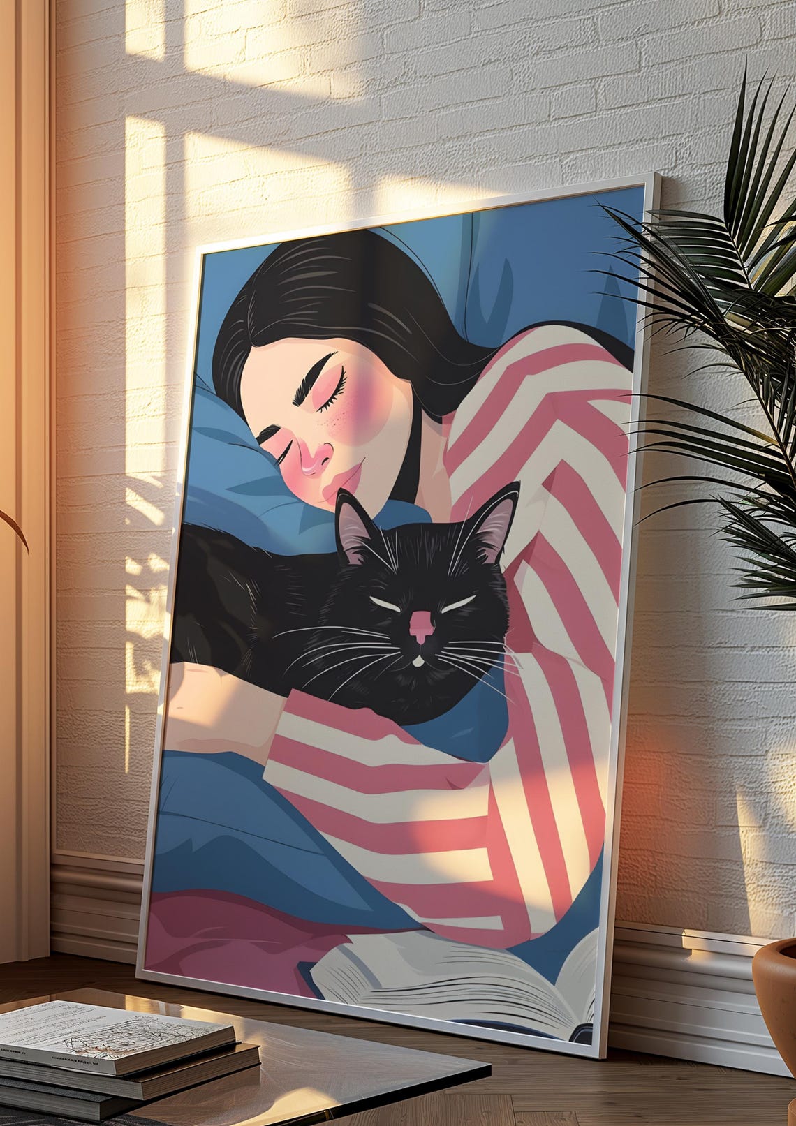 Woman Sleeping With Black Cat Blue Pink Japanese Style Art Poster - Image 3