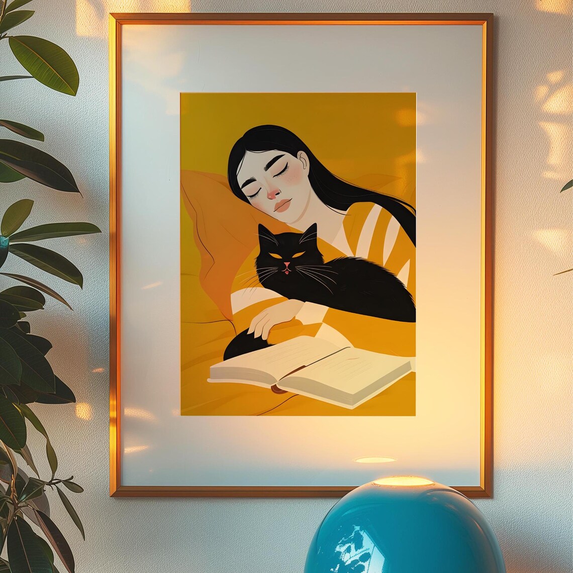 Black Cat Girl Reading With Book Yellow Japanese Illustration Poster - Image 3