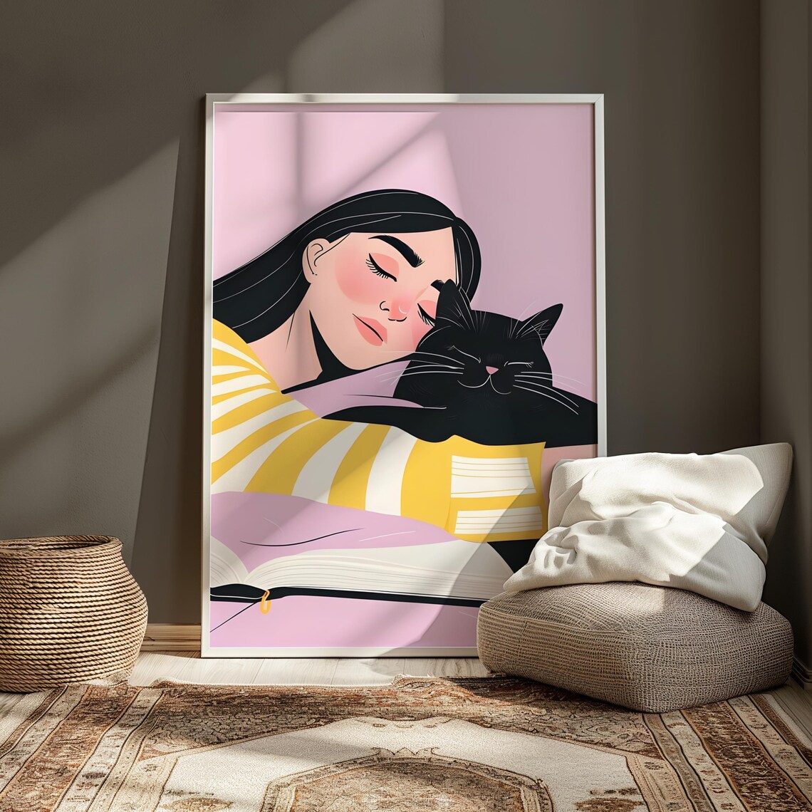Black Cat Girl Reading With Book Pink Japanese Illustration Poster - Image 5