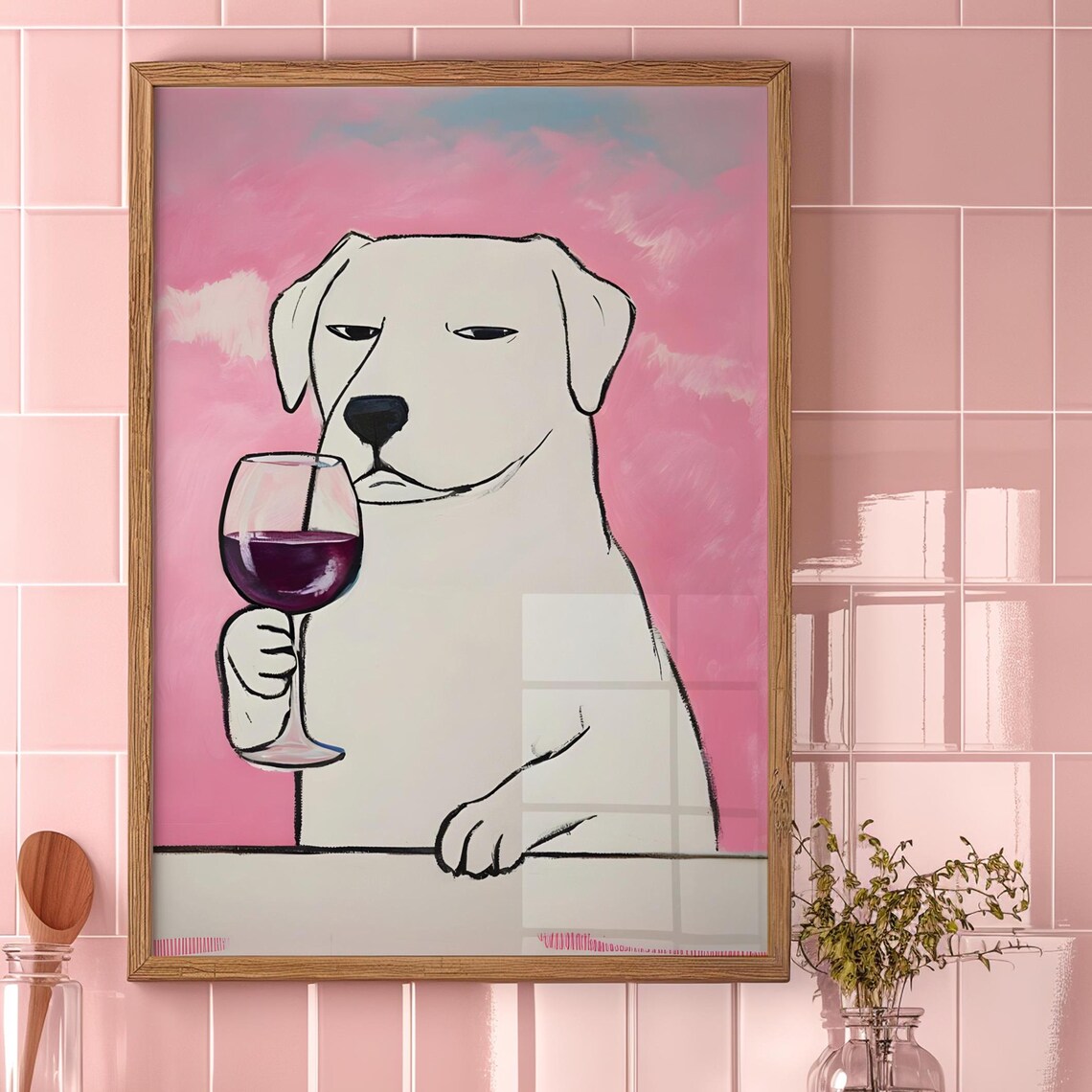 White Dog Sipping Red Wine Pink Background Funny Pet Art Poster - Image 5
