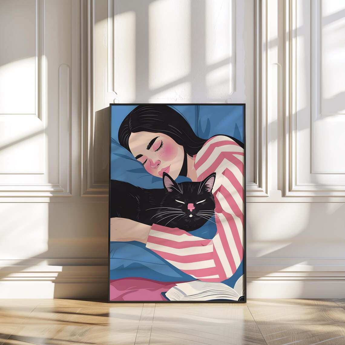 Woman Sleeping With Black Cat Blue Pink Japanese Style Art Poster