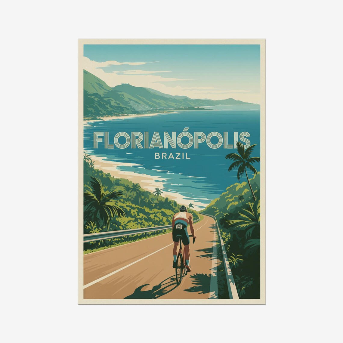 Florianopolis Brazil Ocean Road Cyclist Vintage Triathlon Poster