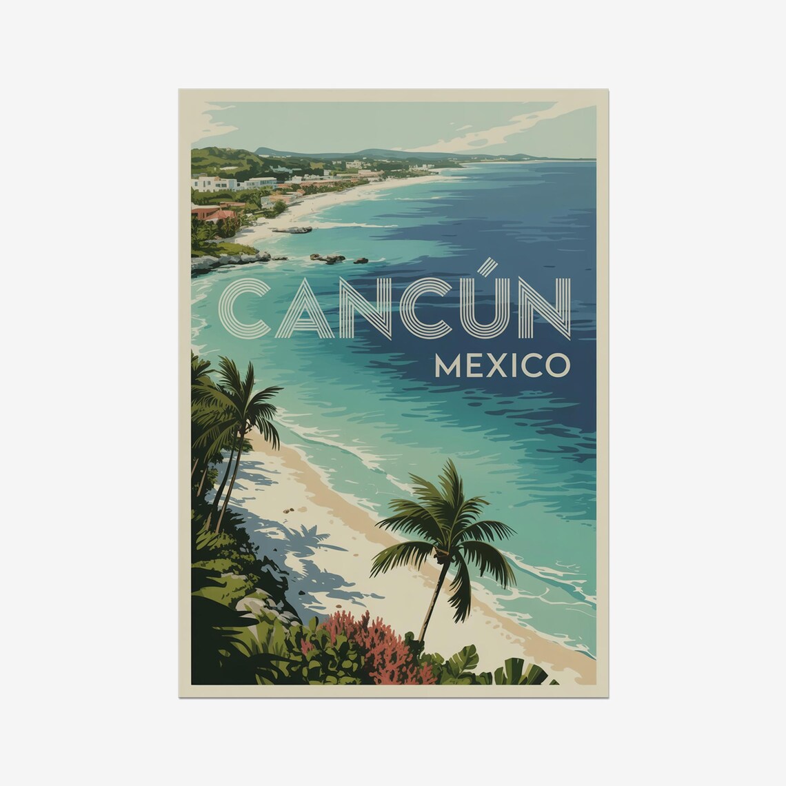 Cancun Mexico Turquoise Bay Palm Trees Aerial Beach Travel Poster