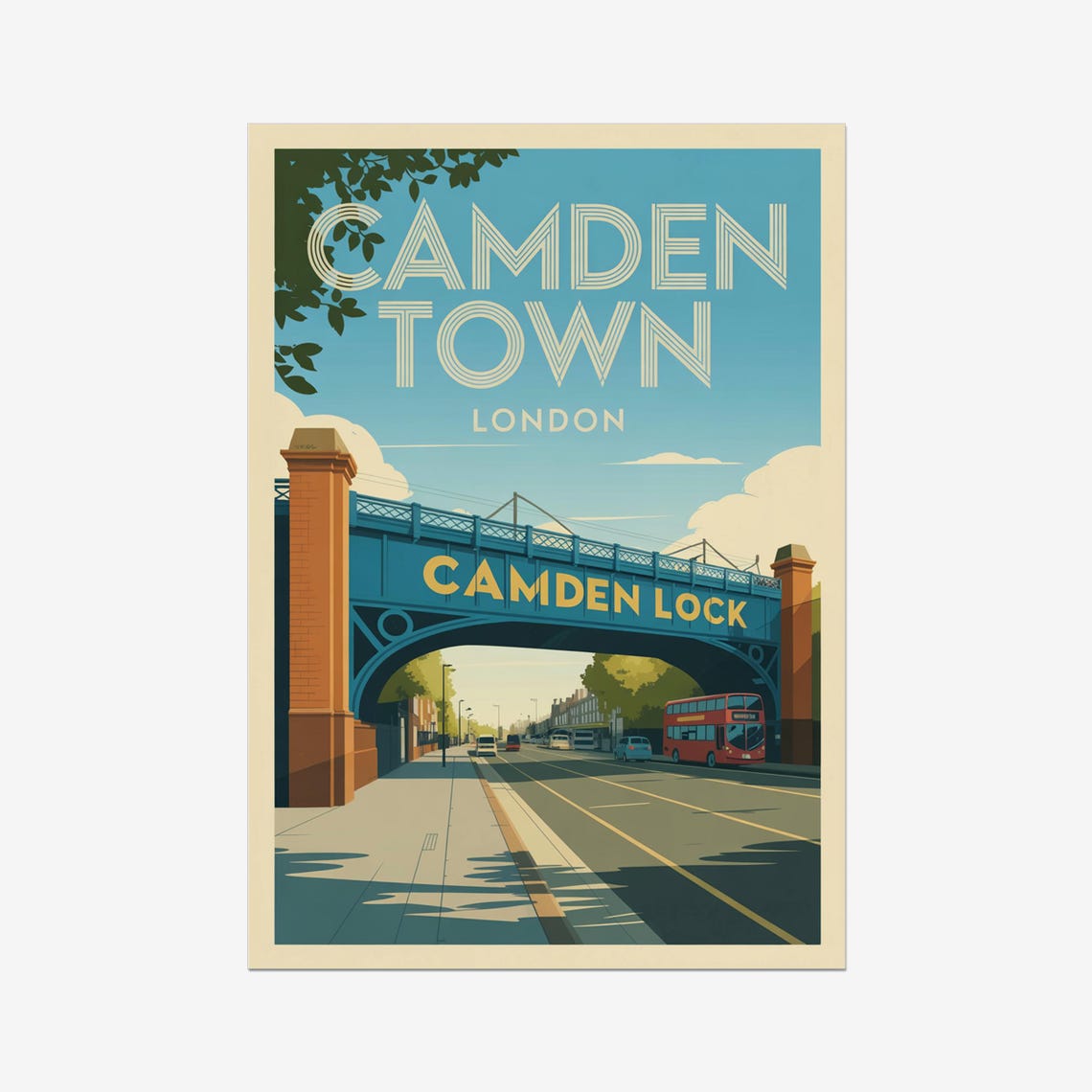 Camden Town London Lock Bridge Red Double Decker Bus Retro Poster