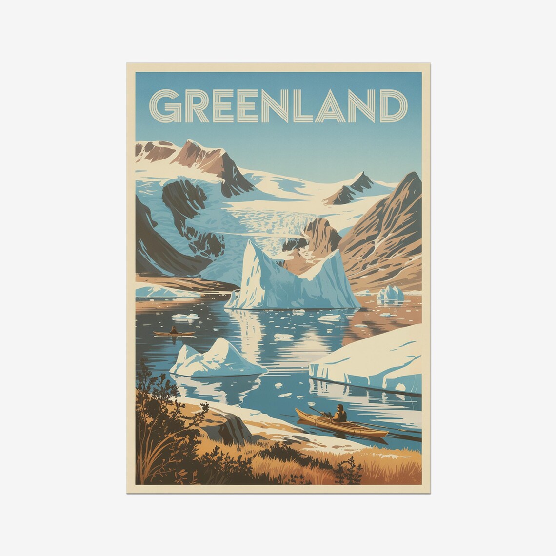Greenland Icebergs Kayakers Glacier Bay Vintage Arctic Travel Poster