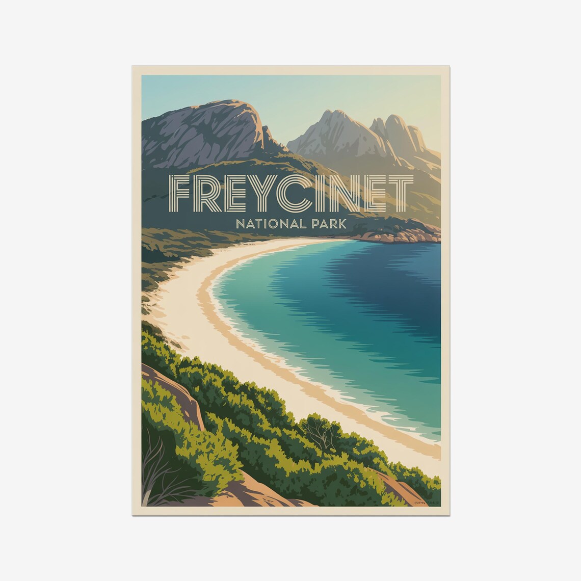 Freycinet National Park Turquoise Beach Mountain Coast Vintage Poster