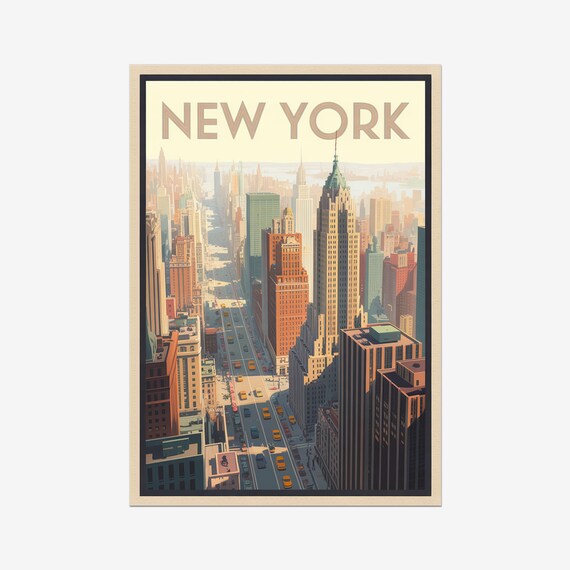 New York City Manhattan Skyline Yellow Cabs Vintage Travel Poster