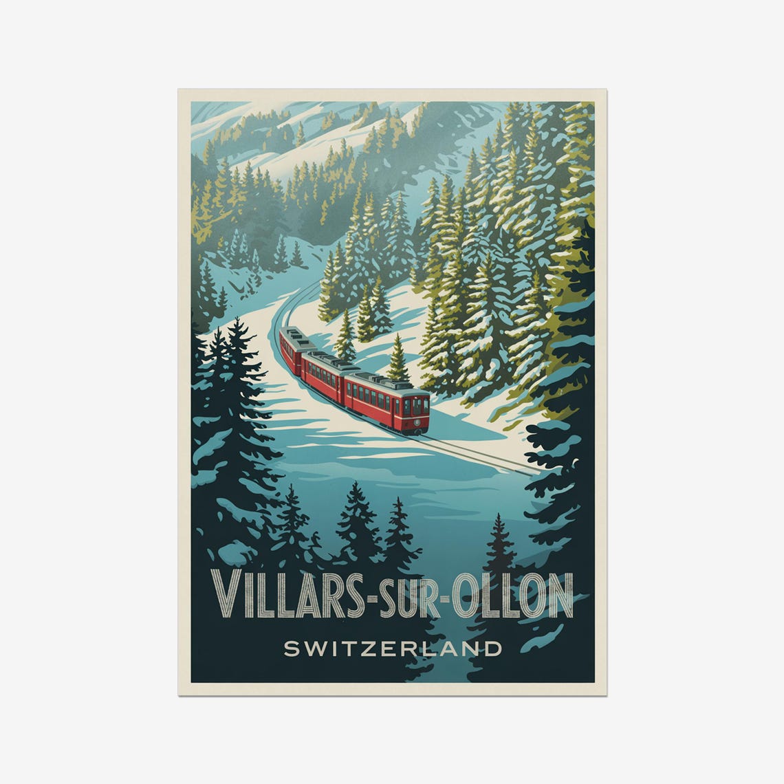 Villarssurollon Vintage Travel Poster, Swiss Alps