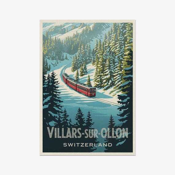Villarssurollon Vintage Travel Poster, Swiss Alps