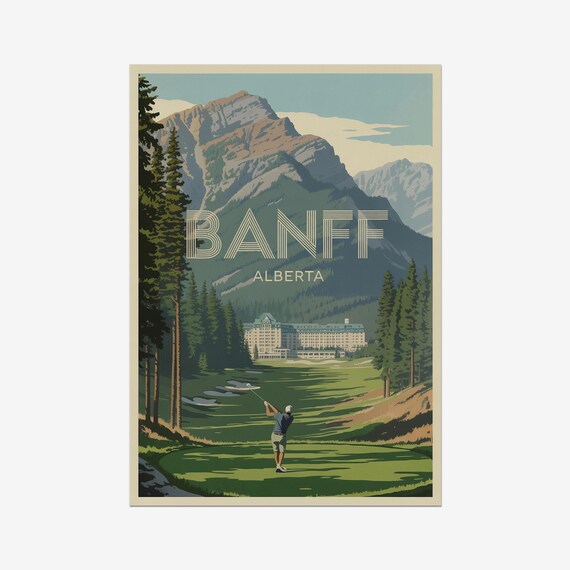 Banff Alberta Vintage Golf Travel Poster Mountain Fairway Swing Art