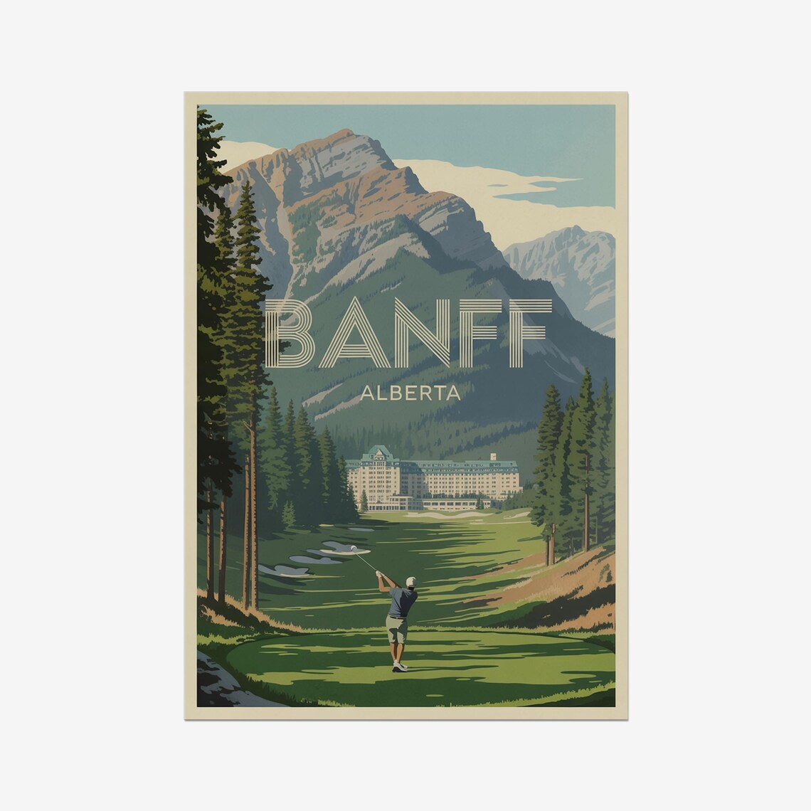 Banff Alberta Vintage Golf Travel Poster Mountain Fairway Swing Art