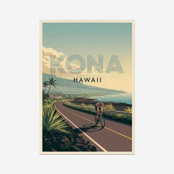 Kona Hawaii Vintage Triathlon Cycling Coastal Road Travel Poster