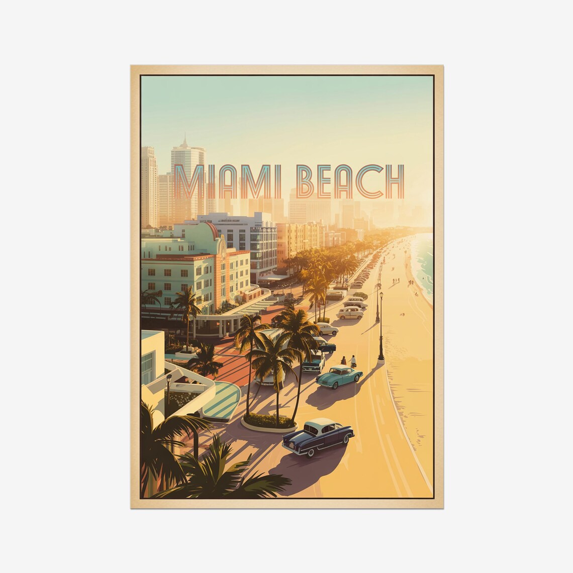 Miami Beach Ocean Drive Art Deco Classic Cars Vintage Travel Poster