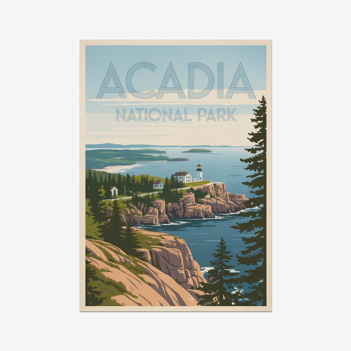 Acadia National Park Vintage Travel Poster Lighthouse Rocky Coast