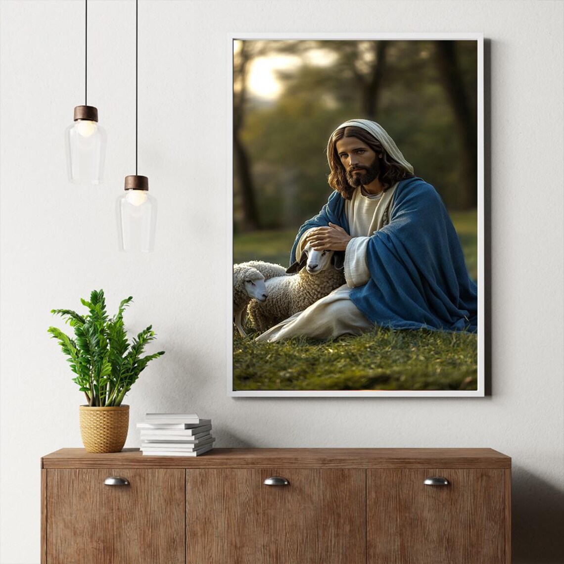 Jesus Christ Kneeling With Sheep Pastoral Good Shepherd Poster - Image 2