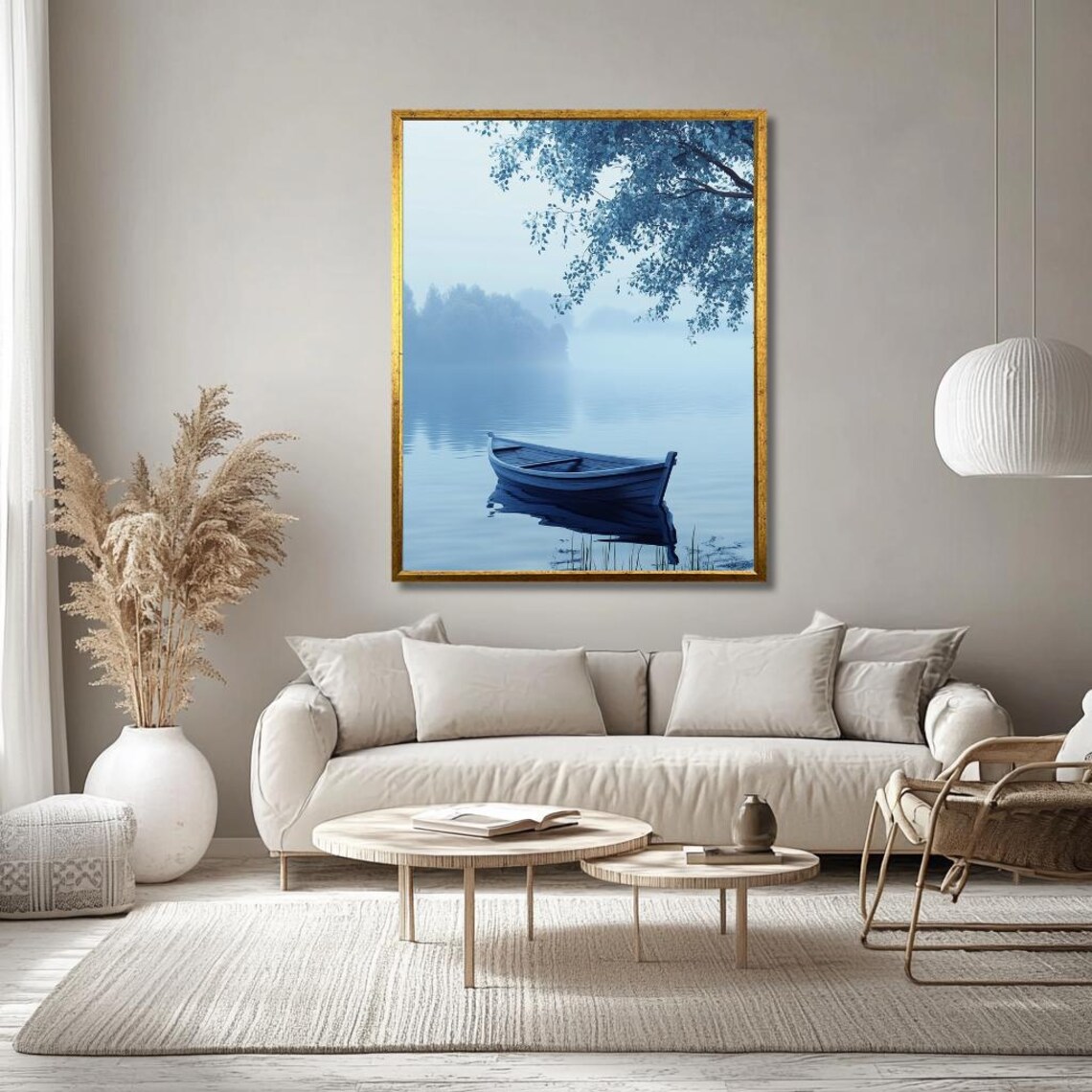 Blue Rowboat On Misty Morning Lake Calm Blue Nature Scene Poster - Image 3