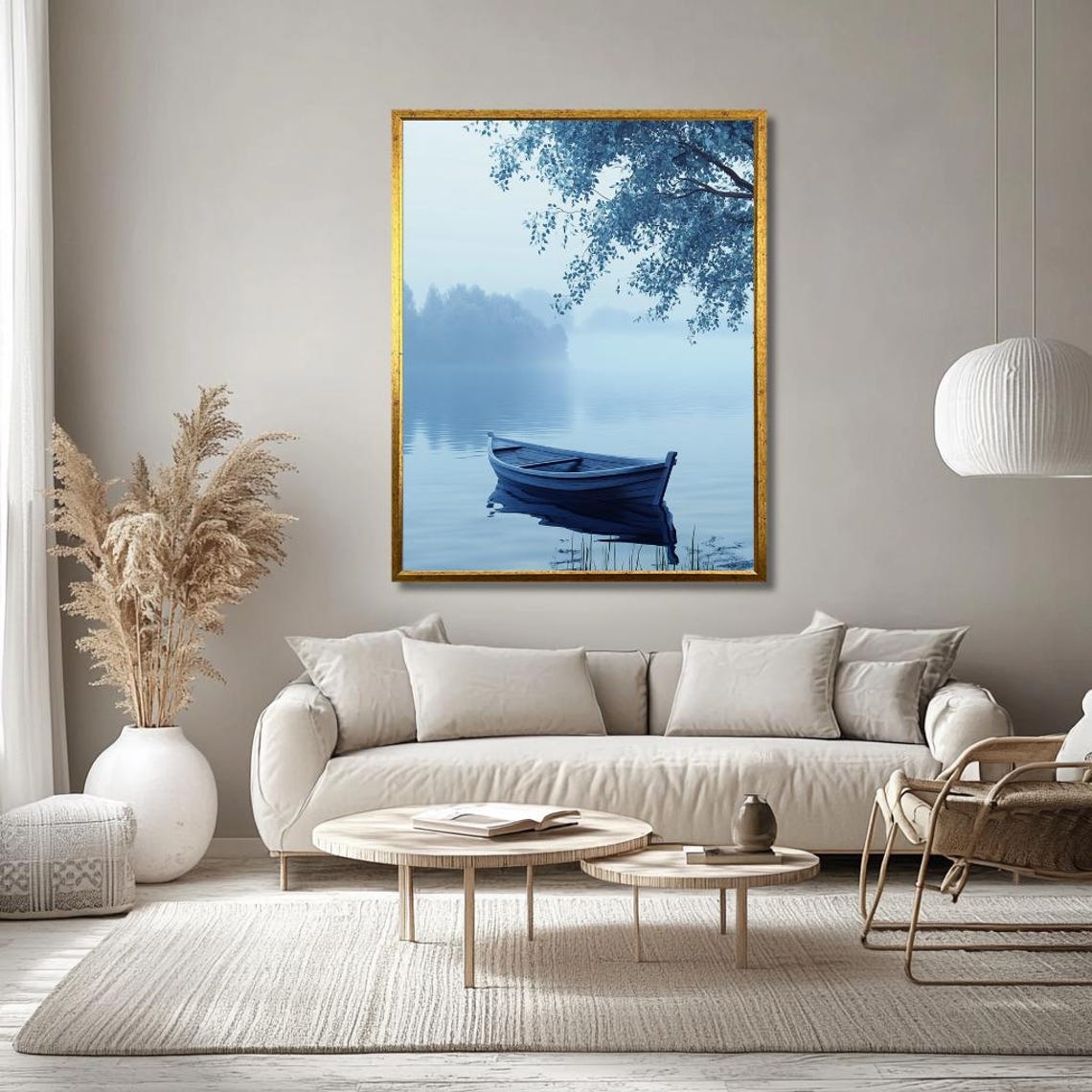 Tranquil Blue Boat On Misty Lake Wall Art Serene Nature Landscape With Foggy Waters Calming Lake Scene Decor For Living Room - Image 3
