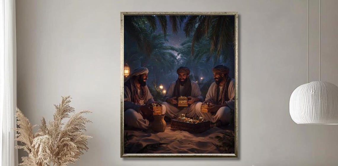 Three Wise Men With Gifts Resting in the Desert at Night Poster
