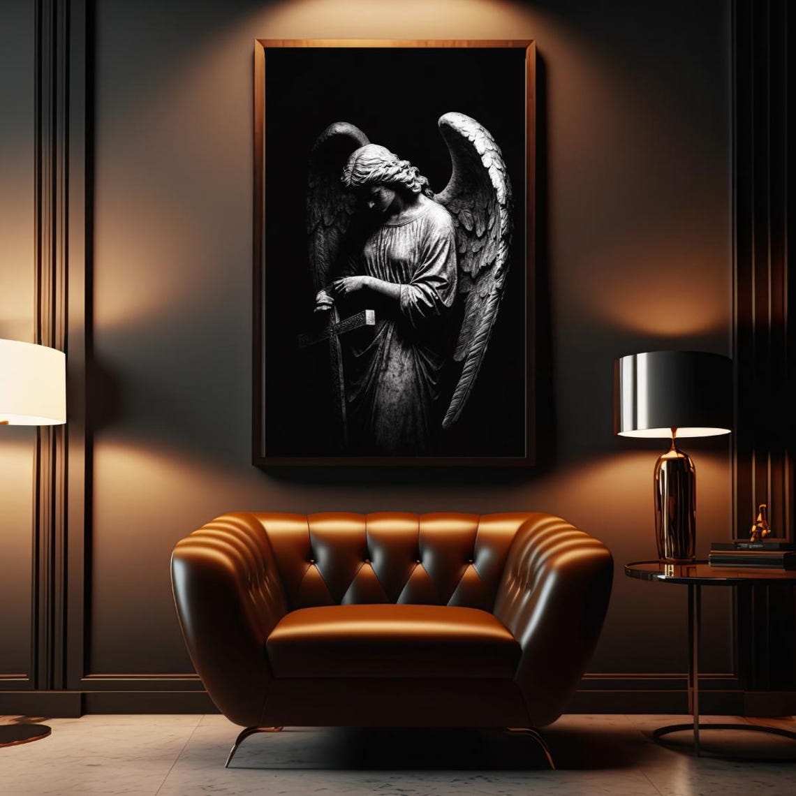 Guardian Angel Statue Black and White Dramatic Sculpture Art Poster - Image 2