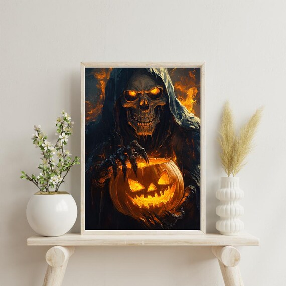 Grim Reaper Holding Glowing Jack O Lantern Dark Fantasy Poster