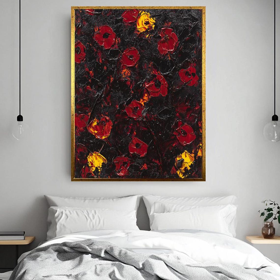Abstract Red Poppy Wall Art Print Modern Floral Painting Black And Red Textured Artwork Bold Flower Wall Decor Large Wall Art - Image 2