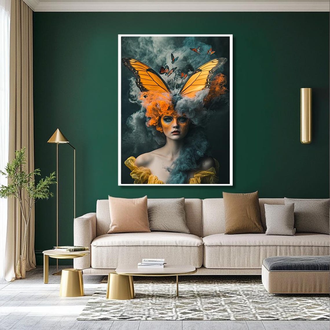 Surreal Butterfly Woman Art Whimsical Fantasy Portrait With Vibrant Wings And Smoky Atmosphere Unique Wall Decor For Artistic - Image 2