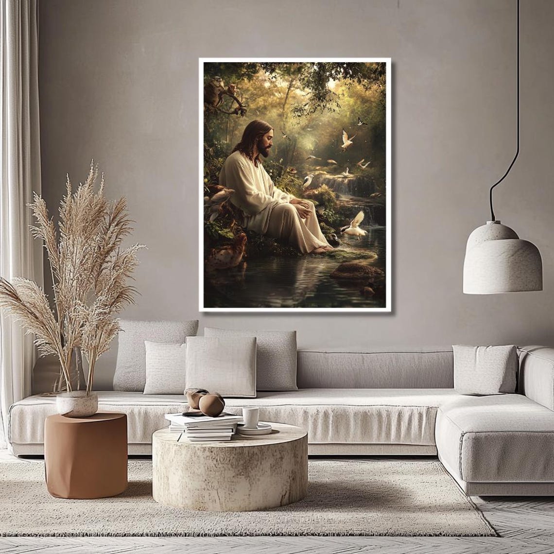 Jesus Resting by a Forest River in Golden Light Nature Poster - Image 2