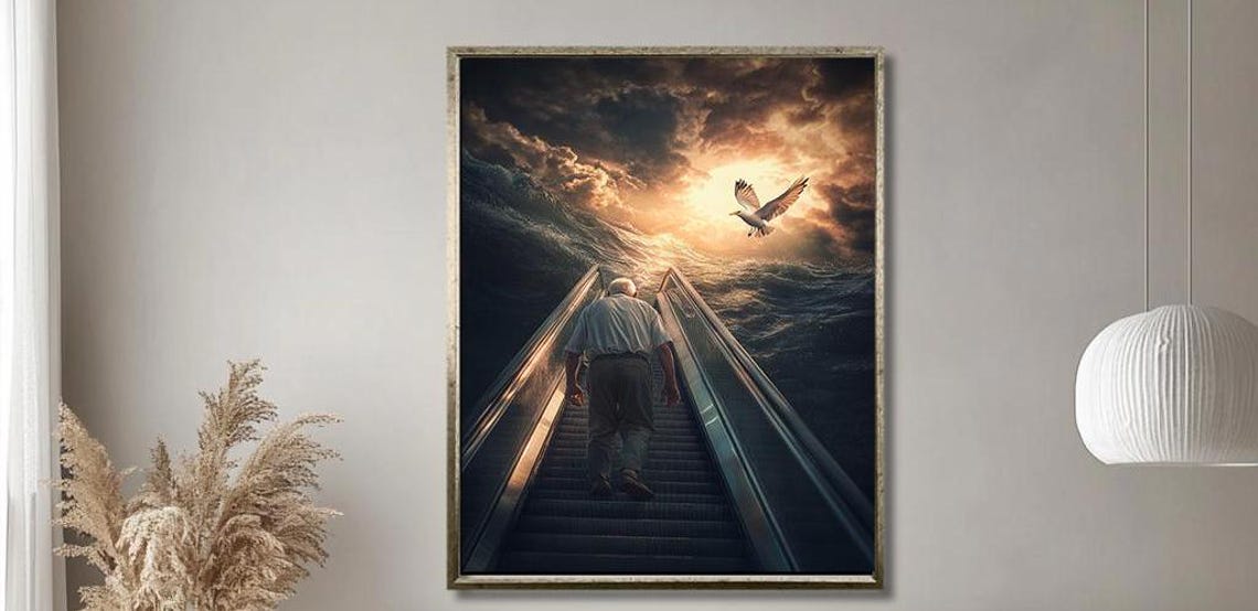 Man Ascending Escalator Toward Heavenly Light Surreal Poster