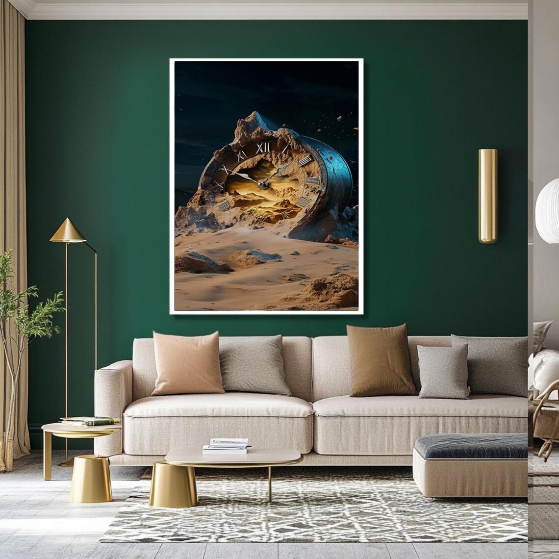Giant Broken Clock Half Buried in Desert Sand Night Surreal Print - Image 2