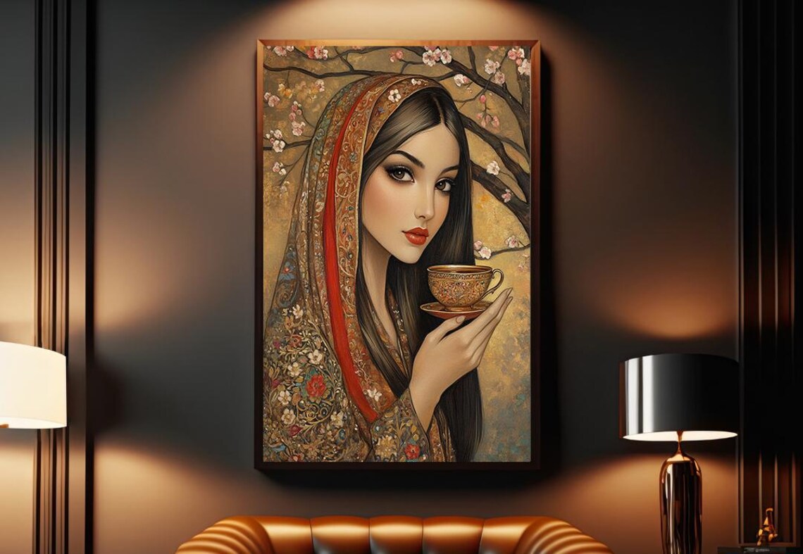 Persian Woman Holding Ornate Teacup Blossom Beauty Portrait Poster