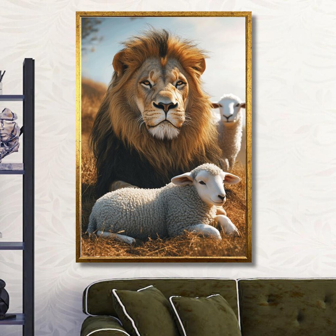 Lion And Lamb Resting Together In A Golden Field Peaceful Poster - Image 2