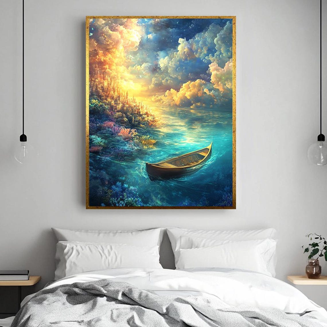 Small Rowboat On Turquoise Water Under Golden Sunset Clouds Poster - Image 3