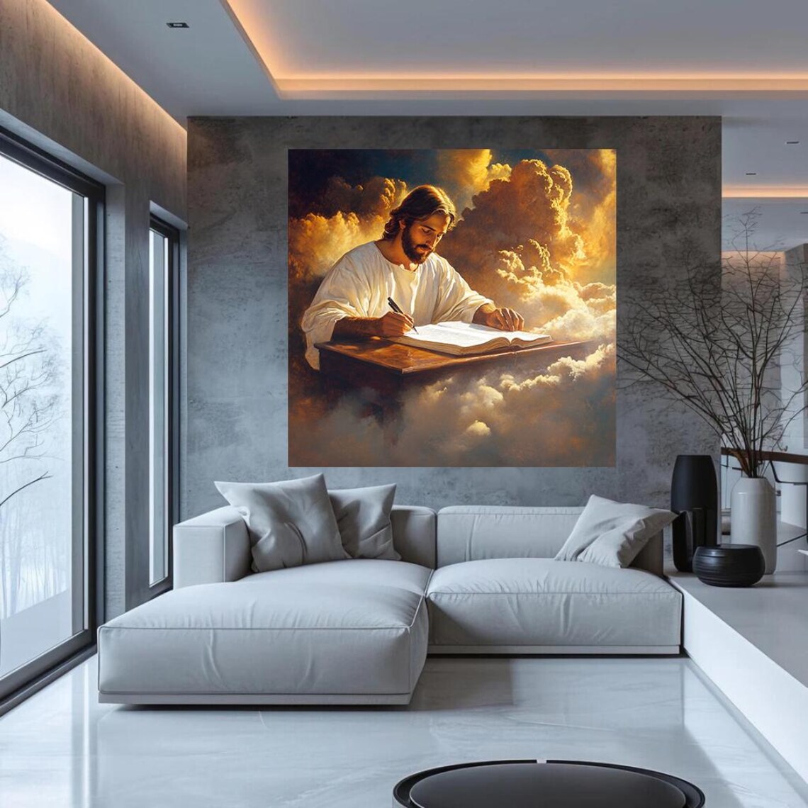 Jesus Writing In The Book Of Life Among Golden Clouds Poster - Image 3