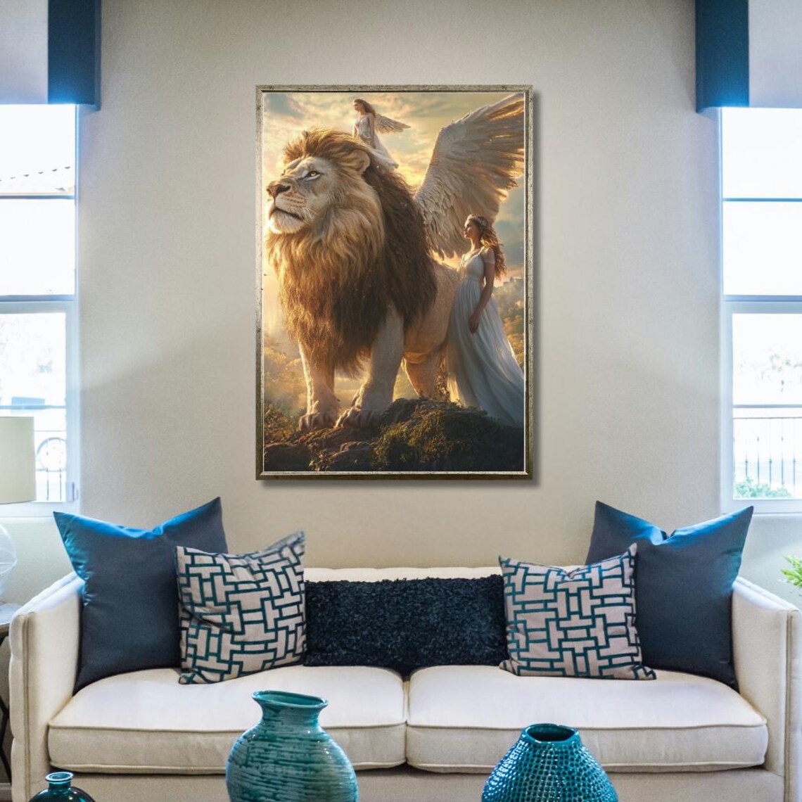 Angelic Lion and Angel Guardian Sunset Sky Fantasy Art Poster - Image 2