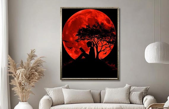 Red Moon Silhouette Wall Art Girl Reading Under Tree With Bold Lunar Background Striking Night Scene For Modern Decor