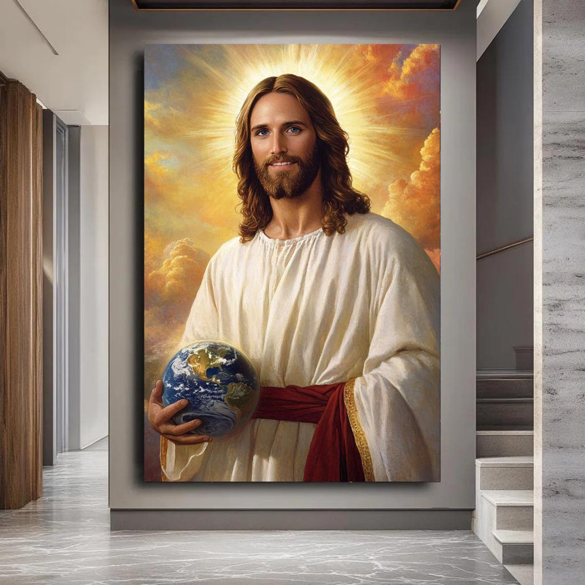 Jesus Holding The Earth Against Heavenly Clouds Christian Poster - Image 3