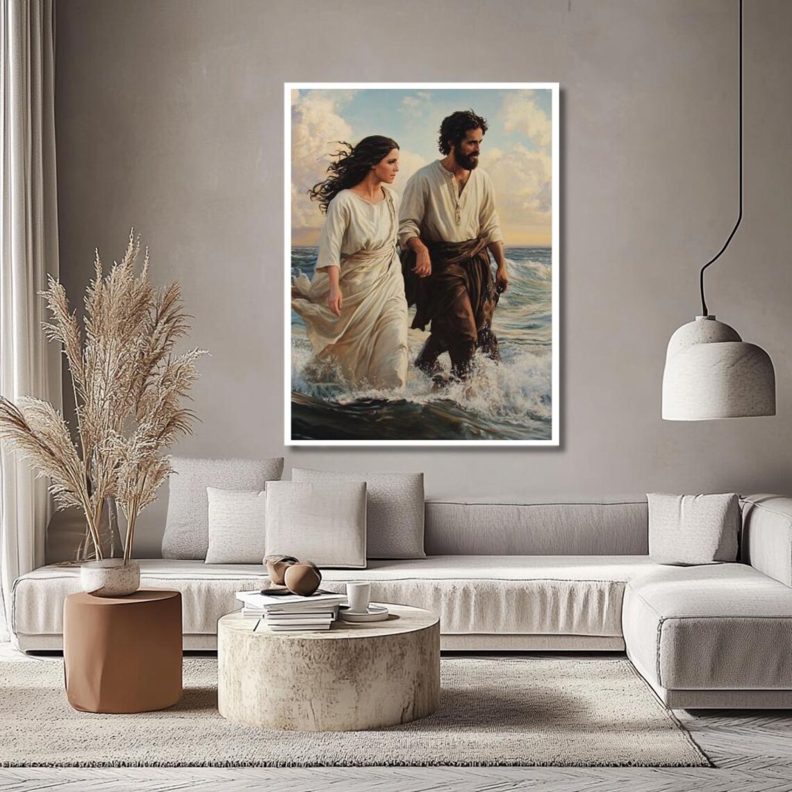 Jesus Walking Through Ocean Waves With Woman at Dawn Art Print - Image 2