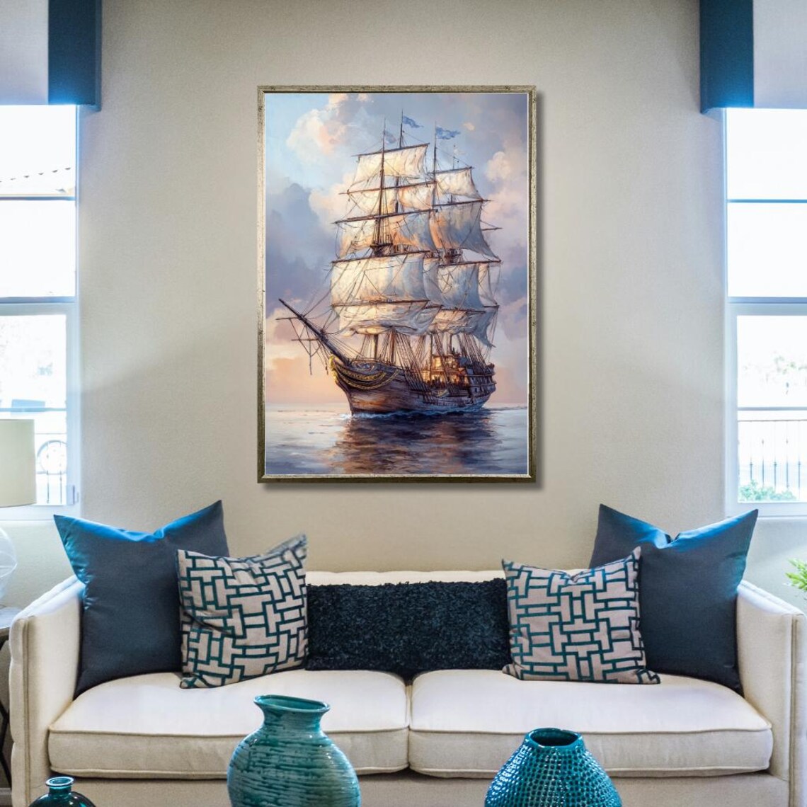 Tall Sailing Ship With Full Sails At Golden Sunset Nautical Poster - Image 3