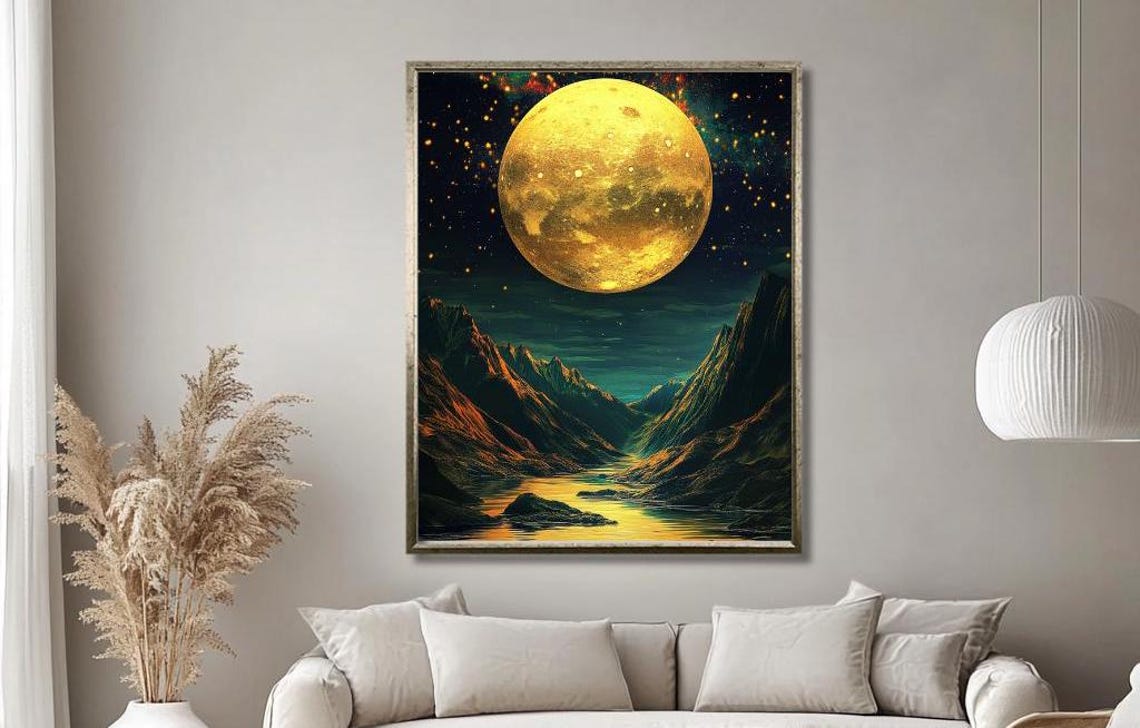 Giant Golden Moon Over Starry Mountain Valley River Reflection Poster